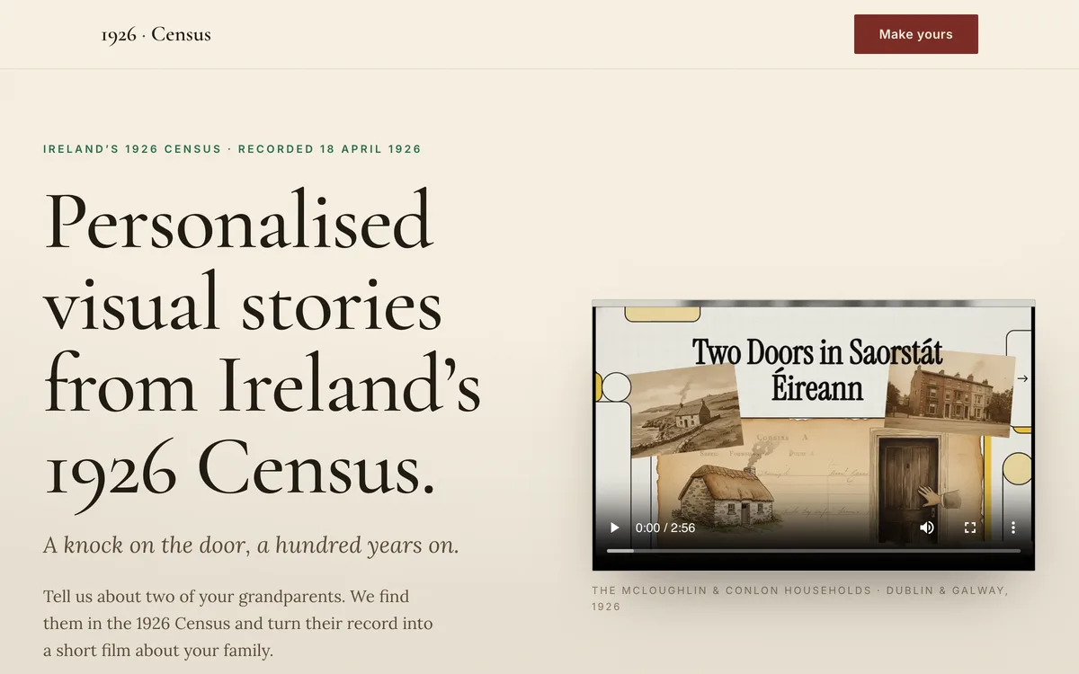Ireland 1926 Census, personalised visual family stories from the census record.