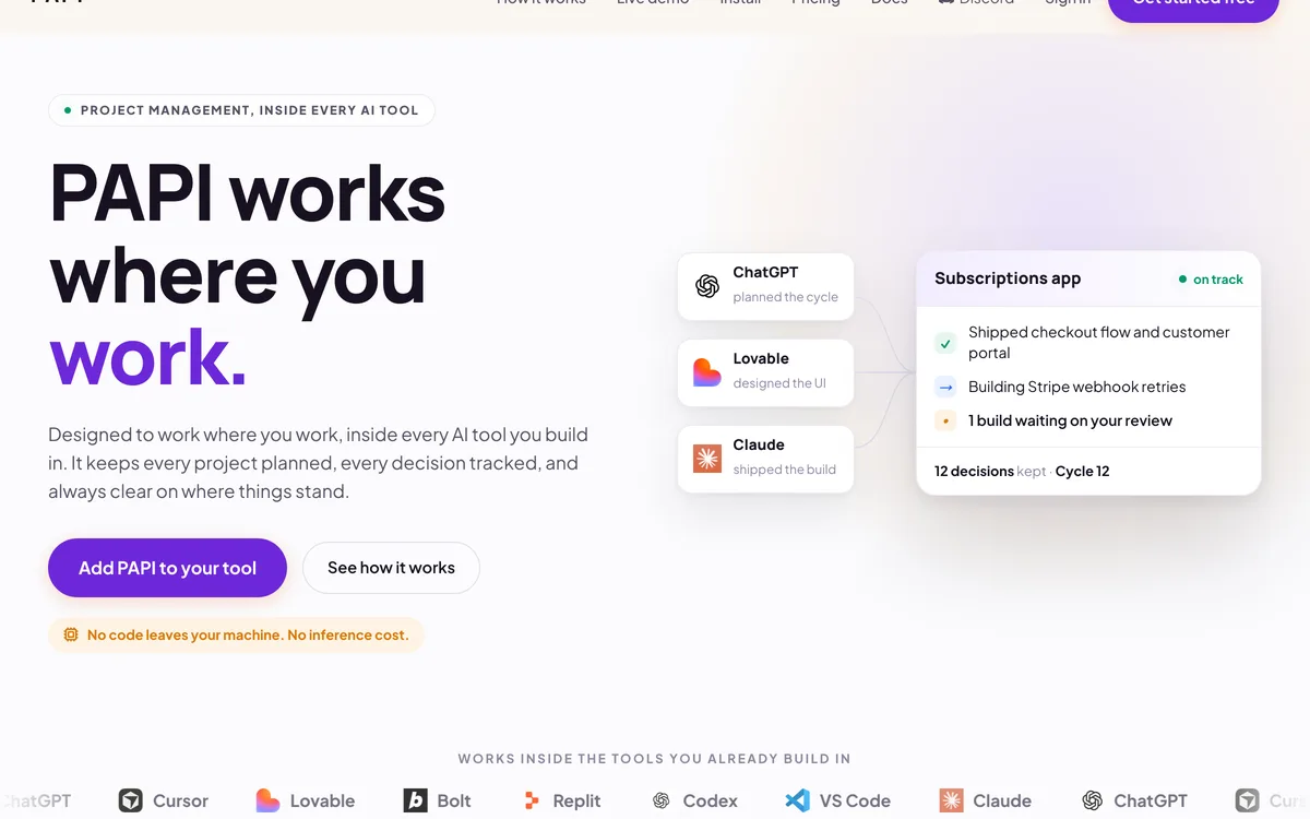 PAPI landing page, 'Stop re-explaining your project to your AI', with the product interface alongside.